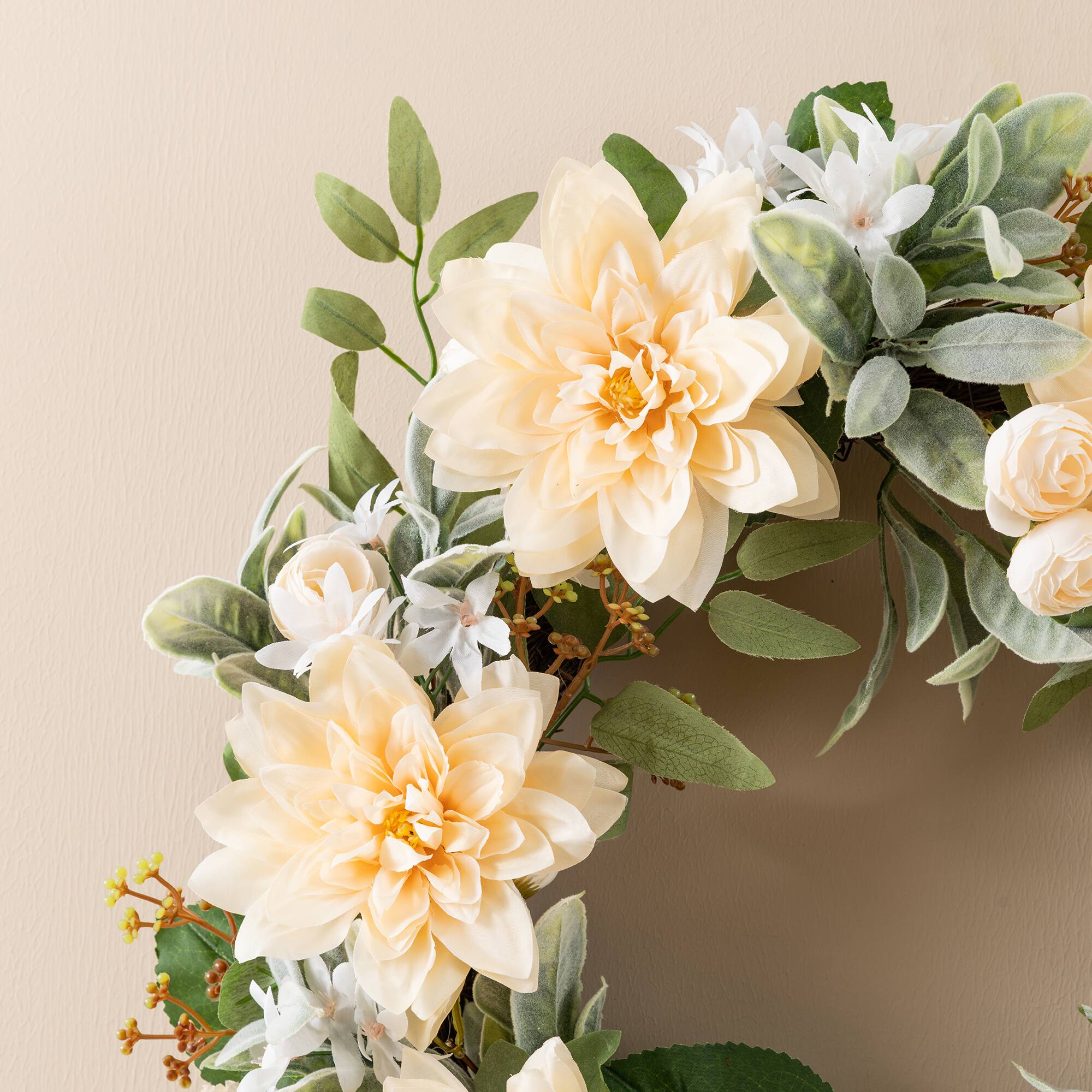 Glitzhome® 24" Peach Dahlia Floral Wreath with Black Metal Hanger